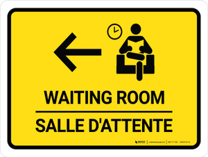 Salle D'Attente Avec Le Bouton Gauche De La Flèche Jaune (Waiting Room With Left Arrow Yellow Bilingual) Landscape French - Wall Sign