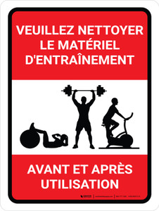 Veuillez nettoyer le Matériel d'Entraînement Avant et Après l'Utilisation (Please Wipe Down Workout Equipment Before and After Use) Portrait French - Wall Sign