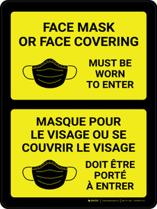 Masque pour le visage ou se couvrir le Visage Doit Être Porté à Entrer (Face Mask or Face Covering Must Be Worn to Enter Bilingual) Portrait French - Wall Sign