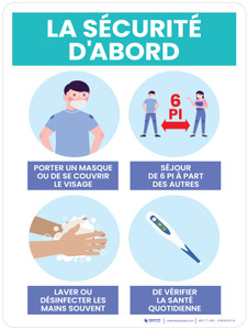 La sécurité d'Abord - Porter un Masque, de Distanciation Sociale, se Laver les Mains et de Vérifier la Santé de (Safety First: Wear a Mask, Social Distancing, Wash Hands, and Check Health) Portrait French - Wall Sign