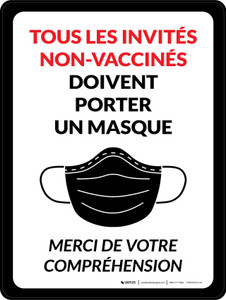 Tous les invités non vaccinés doivent porter un masque - Merci de votre compréhension (All unvaccinated guests must wear a mask - Thank you for your understanding) Portrait French - Wall Sign