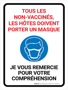 Tous Les non-Vaccinés, Les Hôtes Doivent Porter Un Masque, Je Vous Remercie (All Unvaccinated Guests Must Wear A Mask - Thank You) Portrait French - Wall Sign