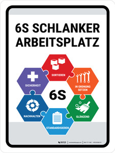 6S Schlanker Arbeitsplatz (6S Lean Workplace) Portrait with Graphic German - Wall Sign