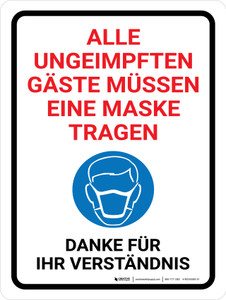 Alle ungeimpften Gäste müssen eine Maske tragen (All Unvaccinated Guests Must Wear A Mask Green) German - Wall Sign