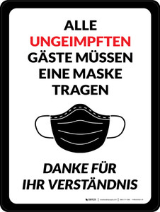 Alle ungeimpften Gäste müssen eine Maske tragen (All Unvaccinated Guests Must Wear A Mask) German - Wall Sign