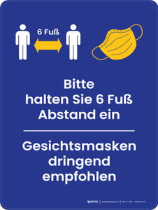 Bitte halten Sie 6 Fuß soziale Distanz ein - Gesichtsmasken (Please Maintain 6 Feet Social Distancing - Face Masks) German - Wall Sign