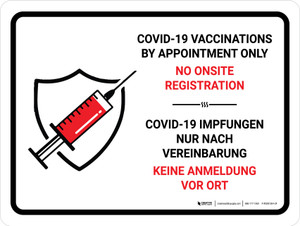 Covid-19-Impfungen nur nach Vereinbarung Keine Registrierung vor Ort (Covid-19 Vaccinations By Appointment Only No Onsite Registration) Landscape Bilingual German - Wall Sign