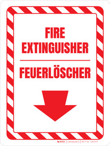 Feuerlöscher Pfeil nach unten (Fire Extinguisher Arrow Down) Bilingual German - Wall Sign