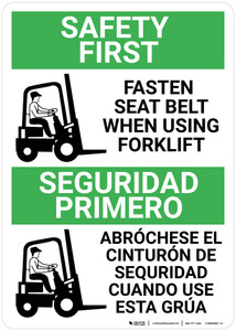 Safety First: Fasten Seat Belt When Using Forklift Bilingual Spanish - Wall Sign