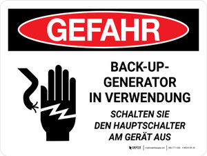 Gefahr - Backup-Generator in Verwendung (Danger - Back Up Generator In Use Turn Off Main Breaker) Landscape German - Wall Sign