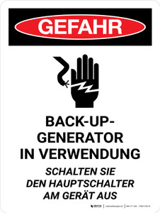 Gefahr - Backup-Generator in Verwendung (Danger - Back Up Generator In Use Turn Off Main Breaker) Portrait German - Wall Sign
