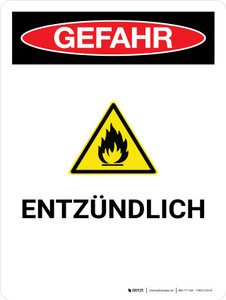 Gefahr - Entzündlich (Danger - Flammable) Portrait German - Wall Sign