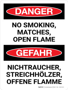 Gefahr - Kein Rauchen Streichhölzer Offene Flammen (Danger - No Smoking Matches Open Flames) Bilingual German - Wall Sign