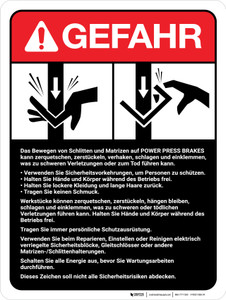 Gefahr - Power Press Breaks Richtlinien (Danger - Power Press Breaks Guidelines) ANSI German - Wall Sign
