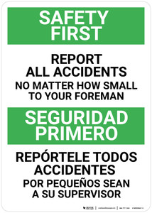Safety First: Report Accidents to Foreman Bilingual Spanish - Wall Sign
