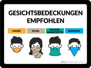 Gesichtsbedeckungen Empfohlen - Maske Schal Nackenmanschette Bandana (Face Coverings Encouraged - Mask Scarf Neck Gaiter Bandana) German - Wall Sign
