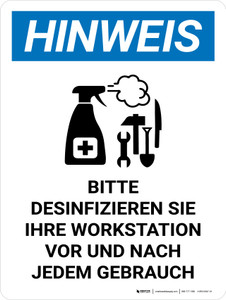 Hinweis - Bitte desinfizieren Sie Ihre Workstation (Notice - Please Disinfect Your Workstation) Portrait German - Wall Sign