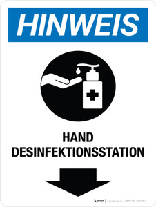 Hinweis - Handdesinfektionsstation Abwärtspfeil (Notice - Hand Sanitizing Station Down Arrow) German - Wall Sign
