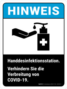 Hinweis - Handdesinfektionsstation verhindern COVID-19 (Notice - Hand Sanitizer Station Prevent COVID-19) ANSI Portrait - Wall Sign