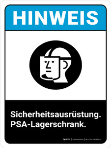 Hinweis - Sicherheitsausrüstung PSA-Aufbewahrungsschrank (Notice - Safety Equipment PPE Storage Cabinet) ANSI Portrait German - Wall Sign
