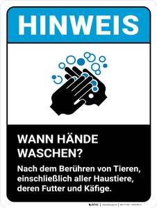 Hinweis - Wann Hande Waschen (Notice - When to Wash Hands) ANSI Portrait German - Wall Sign