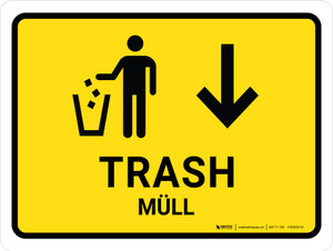 MÜLL mit Pfeil nach unten (Trash With Down Arrow) Bilingual German - Wall Sign