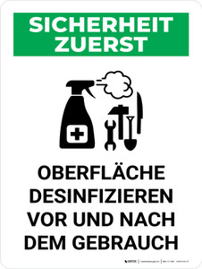 Sicherheit Zuerst - Oberfläche desinfizieren vor und nach Gebrauch (Safety First - Disinfect Surface Before and After Use) Portrait German - Wall Sign