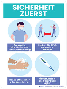 Sicherheit Zuerst - Tragen Sie Maske Soziale Distanzierung Waschen Sie sich die Hände überprüfen Sie Gesundheit - Wandschild (Safety First - Wear Mask Social Distancing Wash Hands Check Health) German - Wall Sign