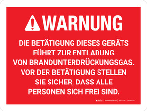 Warnung - Die Betätigung führt dazu dass Brandbekämpfungsgas entlädt (Warning - Actuation Will Cause Fire Suppression Gas To Discharge) German - Wall Sign