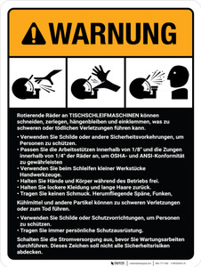 Warnung - Richtlinien für Tischschleifmaschinen (Warning - Bench Grinder Machine Guidelines) ANSI German - Wall Sign