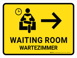 Wartezimmer mit Pfeil nach rechts (Waiting Room with Right Arrow) Bilingual German - Wall Sign
