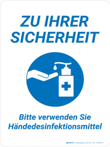 Zu Ihrer Sicherheit - Bitte verwenden Sie Handdesinfektionsmittel (For Your Safety Please Use Hand Sanitizer) German - Wall Sign