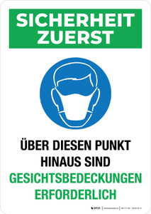Sicherheit Zuerst - Über diesen Punkt hinaus sind Gesichtsbedeckungen erforderlich (Safety First - Face Coverings Required Beyond This Point) Portrait German - Wall Sign