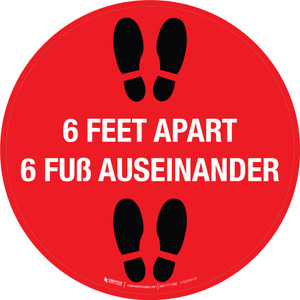 6 Fuß auseinander (6 Feet Apart) Bilingual Circular German - Floor Sign