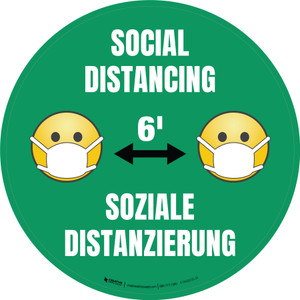 Soziale Distanzierung (Social Distancing) Green with Emoji Bilingual Circular German - Floor Sign