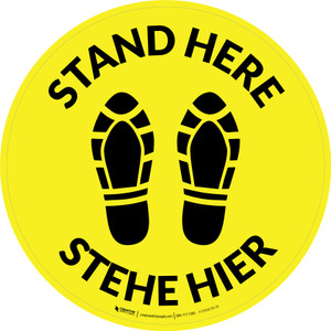 Stehe Hier (Stand Here) with Shoeprints Icon Bilingual Circular German - Floor Sign