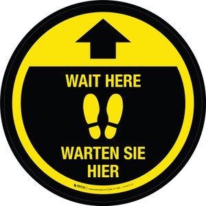 Warten Sie Hier (Wait Here) Bilingual Circular German - Floor Sign