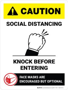 Caution: Social Distancing Knock Before Entering Portrait - Wall Sign