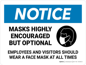 Notice: Masks Encouraged Not Required Landscape - Wall Sign