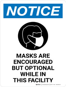 Notice: Masks Encouraged But Optional This Facility Portrait - Wall Sign