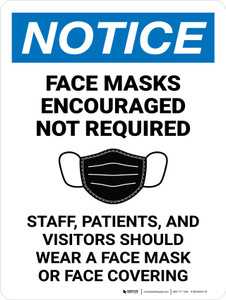 Notice: Masks Encouraged Not Required Patients Staff Portrait - Wall Sign