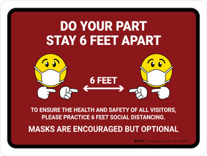 Do Your Part Stay 6 Feet Apart Red With Emoji Landscape - Wall Sign