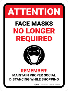 Attention Face Masks No Longer Required Portrait - Wall Sign