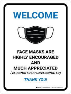 Welcome Face Masks Are Encouraged Portrait - Wall Sign