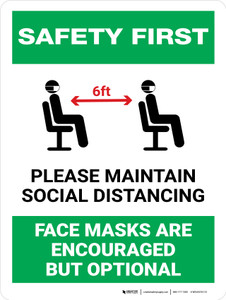 Safety First: Masks Are Encouraged But Optional Distancing Portrait - Wall Sign