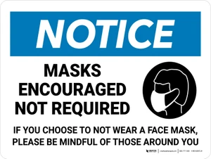 Notice: Masks Encouraged Not Required - Please Be Mindful of Those Around You Landscape - Wall Sign