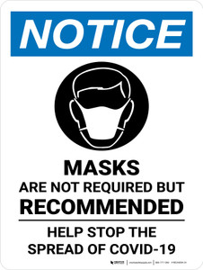 Notice: Masks Are Not Required But Recommended - Help Stop COVID-19 Portrait - Wall Sign