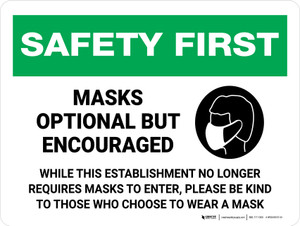 Safety First: Masks Optional But Encouraged - Please be Kind to Those Who Choose to Wear a Mask Landscape - Wall Sign