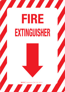 Fire Extinguisher Arrow Down Arrow with Hazard Lines Portrait - Wall Sign