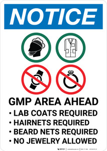 Notice: GMP Area Ahead - Lab Coats/Hairnets/Beard Nets Required - No JewelryPortrait - Wall Sign